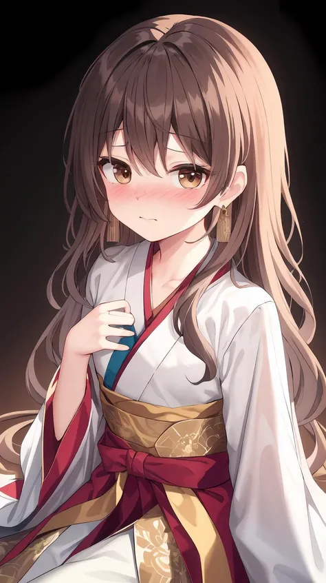 (wavy hair:1.2), (Very long hair:1.3), (Red layer), (Aesthetic medium chest:1.2), masterpiece, best quality, Solo, hair above cheeks, diamond earrings, (hanfu, Lehenga choli, Circle dress:1.2), Anime print on clothes, White clothes, (Embarrassed:1.3), (Nose blush:1.3), (Small chest:1.1), (Brown hair:1.5), (white hair:1.4), (gradient hair:1.4), (Highlighting:1.2), <lora:YutaMix-Extra-cute:0.5>, YutaMix-Extra-cute, Close up