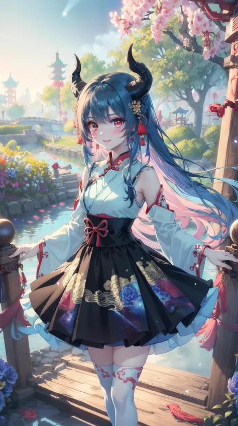 masterpiece, best quality, Siren-shaped eyes, (anime:1.5), (solo girl:1), (1girl:1), (Hanfu:1.5), (pale blue hair:1.5), (red eyes:1.5), (black horns:1.5), medium breast, (wavy hair), (long hair), milf, (lake:1), (fluffy skirt:1.5), (on wind:1), (puffy circle skirt:1.5), garden, (rose petals:1), (pink roses:1), (daffodils:1), (blue flowers:1), (yellow flowers:1), (white flowers:1), (pink flowers:1), no sky, (trees cover the sky:1.4), beautiful garden, (standing on a bridge:1.5), (bridge in the middle of the lake:1), (sea in the distance:1), (botanical garden:1.5), (white and golden statues:1), day, dark lake, majestic columns, gazebo, flowers from above, flower beds, (many flowers:1), (light makeup:1.5) ((watercolor painting)), (she is a chinese dragon:1.5), (chinese patterns on a dress:1), gradient chinese background, kimono, (haori:1.5), (transparent frills similar to jellyfish:1), (red cyan gradient ballet tutu:1), (nebula print:1.1), (galaxy print dress:1.5), (galaxy dress:1.3), (wedding dress:1), (chest bow:1), (short dress:1.5), (thighhighs:1), (heart symbol:1), (flower print on dress:1.5), zettai ryouiki, smile, <lora:YutaMix-extra-fantasy:0.7>, YutaMix-extra-fantasy