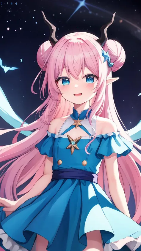 masterpiece, best quality, Horny, (shy), (Innocent), (Yuta:1.0), (circle gown), less light, (star accessory on gown), (hair accessory), (layered), (point particles), (hair pins:), (on wind), Medium hair, small breast, POINTY EARS, smoothing, (Hear jewel hair ornament), (beautiful), (blue eyes), space eyes, HD, extra detailed, smile, (Cute), (solo), hair above cheeks), (white dragon horns), Small Medium chest, (Light pink hair:1.2), (light blue hair:1.2), <lora:YutaMix-Extra-cute:0.6>, YutaMix-Extra-cute, Idol dress, (Highlighting:1.3), Purple dress, Gradient hair, (Hairbun:1.2)