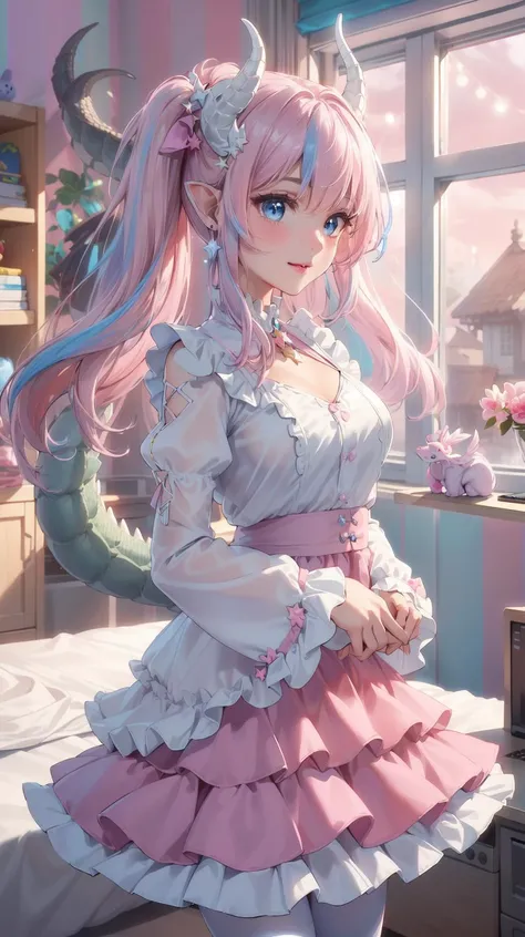 (Second size breast:1.2), (Circle skirt:1.5), (ruffles akirt:1.5), (Tiered skirt:1.6), (Yuta:1.0), (Yellor cream skirt:1.3), (Light purple skirt layer:1.3), (Frilled skirt:1.5), (wind up skirt:1.5), (Long sleeves:1.4), (fluffy sleeves:1.4), (Wide sleeves:1.3), (star accessory on dress:1.4), (dress accessory:1.4), (hair accessory:1.3), (hair pins:1.3), (Skirt on wind:1.5), Medium hair, (medium breast:1.4), (Two ponytails:1.3), POINTY EARS, smoothing, (Hear jewel hair ornament:1.3), (beautiful:1.2), (blue eyes), space eyes, (White pantyhose:1.1), HD, extra detailed, smile, (Cute:1.1), (room background:1.4), (Pink walls:1.4), (computer table:1.2), (bed:1.4), (toys in closet:1.3), (window:1.3), transparent Pink curtains, (solo:1.5), (Light Pink hair:1.5), hair above cheeks:1.5), (Multi layer skirt:1.5), (transparent skirt layer:1.3), (Pink skirt layer:1.3), (blue skirt layer vanilla skirt layer:1.3), masterpiece, best quality, (white dragon horns:1.3), (Small breast:1.0), (Multicolor dress:1.3), (Symmetrical skirt:1.4), <lora:YutaMix-extra-fantasy:0.7>, YutaMix-extra-fantasy
