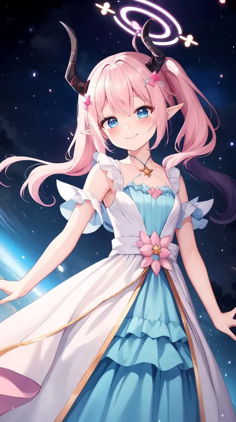masterpiece, best quality, Horny, (shy), (Innocent), (Yuta:1.0), (circle gown), less light, (star accessory on gown), (hair accessory), (layered), (point particles), (hair pins:), (on wind), Medium hair, small breast, (Two ponytails), POINTY EARS, smoothing, (Hear jewel hair ornament), (beautiful), (blue eyes), space eyes, HD, extra detailed, smile, (Cute), (solo), hair above cheeks), (white dragon horns), Small Medium chest, (Light pink hair:1.2), (light blue hair:1.2), <lora:YutaMix-Extra-cute:0.6>, YutaMix-Extra-cute, Idol dress, (Highlighting:1.3), Purple dress, Gradient hair