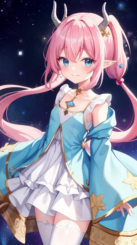 masterpiece, best quality, Horny, (shy), (Innocent), (Yuta:1.0), (circle gown), (Wide sleeves), less light, (star accessory on gown), (hair accessory), (layered), (point particles), (hair pins:), (on wind), Medium hair, small breast, (Two ponytails), POINTY EARS, smoothing, (Hear jewel hair ornament), (beautiful), (blue eyes), space eyes, HD, extra detailed, smile, (Cute), (solo), hair above cheeks), (white dragon horns), Small Medium chest, (Light pink hair:1.1), (light blue hair:1.3), <lora:YutaMix-Extra-cute:0.6>, YutaMix-Extra-cute, Idol dress, (Highlighting:1.3), Purple dress