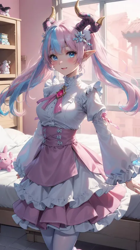 (Second size breast:1.2), (Circle skirt:1.5), (ruffles akirt:1.5), (Tiered skirt:1.4), (Yuta:1.0), (Yellor cream skirt:1.3), (Light purple skirt layer:1.3), (Frilled skirt:1.5), (wind up skirt:1.5), (Long sleeves:1.4), (fluffy sleeves:1.4), (Wide sleeves:1.3), (star accessory on dress:1.4), (dress accessory:1.4), (hair accessory:1.3), (hair pins:1.3), (Skirt on wind:1.5), Medium hair, (medium breast:1.4), (Two ponytails:1.3), POINTY EARS, smoothing, (Hear jewel hair ornament:1.3), (beautiful:1.2), (blue eyes), space eyes, (White pantyhose:1.1), HD, extra detailed, smile, (Cute:1.1), (room background:1.4), (Pink walls:1.4), (computer table:1.2), (bed:1.4), (toys in closet:1.3), (window:1.3), transparent Pink curtains, (solo:1.5), (Light Pink hair:1.5), hair above cheeks:1.5), (Multi layer skirt:1.5), (transparent skirt layer:1.3), (Pink skirt layer:1.3), (blue skirt layer vanilla skirt layer:1.3), masterpiece, best quality, (white dragon horns:1.3), (Small breast:1.0), (Multicolor dress:1.3), (Symmetrical skirt:1.4), <lora:YutaMix-extra-fantasy:0.7>, YutaMix-extra-fantasy