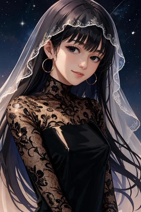 masterpiece, best quality, <lora:osaragi-nvwls-v1-000009:0.9> osaragi, veil, earrings, see-through, black dress, long sleeves, upper body, looking at viewer, smile, night sky, simple background