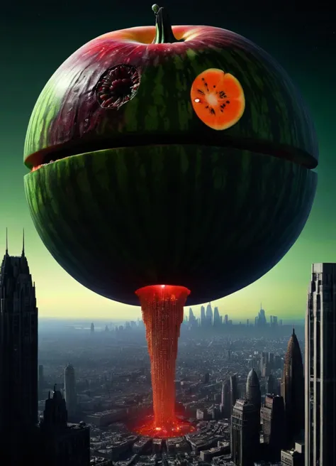 The massive fruit|Death Star, otherworldly in appearance, hovers menacingly over the city, casting a shadow of fear and terror. Its vibrant hue and intricate details bring a surreal note, mixing fantasy and horror in an exciting yet frightening scene. Townspeople are gripped by a sense of unease as they witness this grand spectacle, a true George Lucas masterpiece unlike any other.