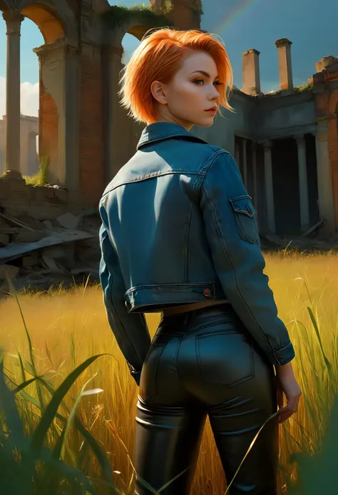 behind shot, dorsal view and ass Leather Pants. A pale-skinned woman with a crew cut and denim jacket stands in tall grass against a backdrop of apocalyptic ruins. Her contemplative face emerges from the shadows, illuminated by a muted orange hue and a rainbow spectrum highlighting her eye. This digital painting fuses modern impressionism with manhwa elements, characterized by expressive brushwork, bold colors, and a sense of mystery, while also showcasing uncensored nudity with a focus on the beauty of shadows and light