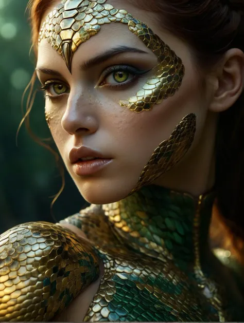 The captivating beauty of the Snake-skin Girl, a digital artwork trending on ArtStation, presents a unique fusion of technology and aesthetic appeal. Her face, illuminated with a golden radiance, showcases intricate details that resemble freckles and a mosaic of scales, reflecting the ultra-sharp focus and advanced techniques of modern technology. The rich green and gold hues enhance her high-tech aesthetic, while her intense and judging gaze hints at advanced artificial intelligence. This 35mm film photograph, with its professional bokeh effect and 4K resolution, captures the natural texture of her skin and the intricate scale makeup, making her a true work of art that blends creativity and technology in perfect harmony.