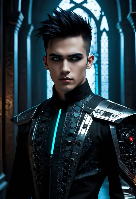 a man, Cyber-Gothic fusion, dark and edgy, gothic architecture, cybernetic enhancements, bold colors, dramatic lighting, rebellious characters, imaginative technology, and a unique blend of gothic beauty and futuristic elements.