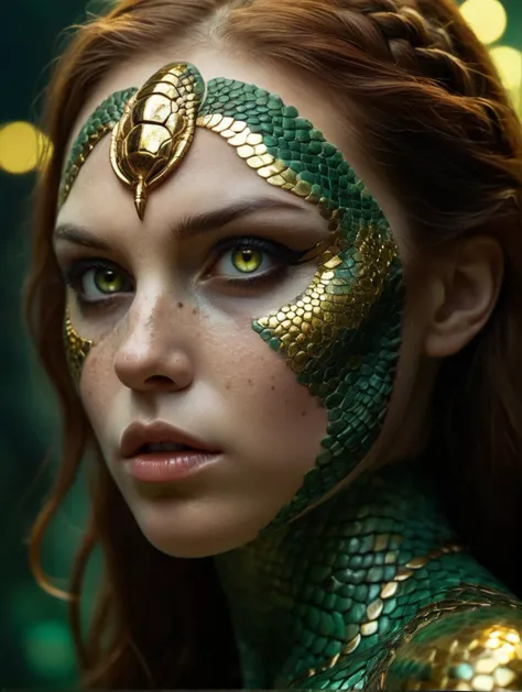 The captivating beauty of the Snake-skin Girl, a digital artwork trending on ArtStation, presents a unique fusion of technology and aesthetic appeal. Her face, illuminated with a golden radiance, showcases intricate details that resemble freckles and a mosaic of scales, reflecting the ultra-sharp focus and advanced techniques of modern technology. The rich green and gold hues enhance her high-tech aesthetic, while her intense and judging gaze hints at advanced artificial intelligence. This 35mm film photograph, with its professional bokeh effect and 4K resolution, captures the natural texture of her skin and the intricate scale makeup, making her a true work of art that blends creativity and technology in perfect harmony.