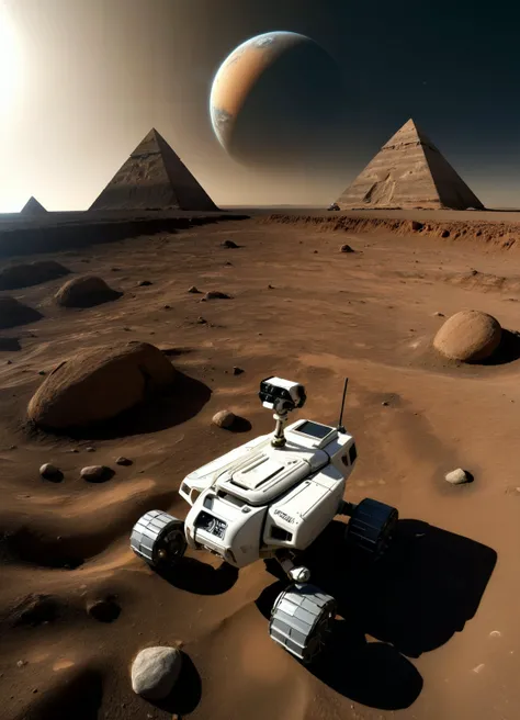 A mind-blowing photo, captured by a rover robot, reveals an alien landscape with reversed gravity and pyramids under twin suns. The raw image showcases sophisticated depth and foreground clarity with a fisheye effect, highlighting the rover's massive metallic wheels and aerodynamic spoiler. This award-winning shot, a masterpiece of artistic beauty, boasts volumetric lighting and ultra-high definition detail, from the trace of its wheels to the distant alien sky. A science autonomous rover exploratory, a lone tank commander navigating an otherworldly terrain with precision and awe-inspiring clarity.