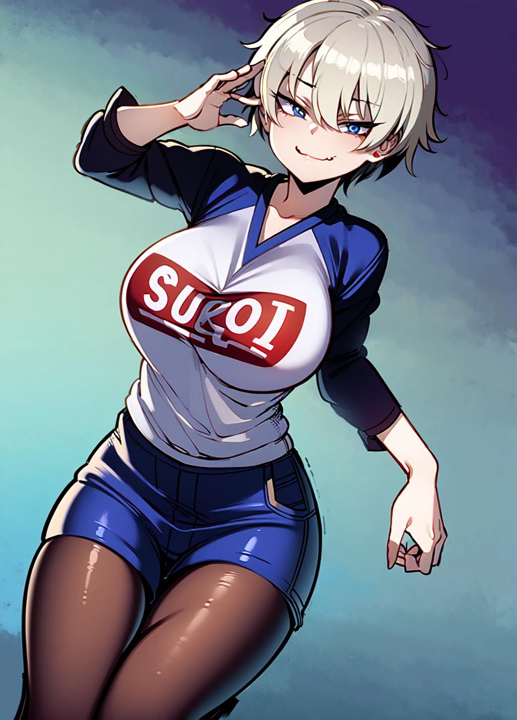(masterpiece, best quality:1.2) , ratatatat74_style , <lora:ratatatat74:0.8>, solo, 1girl, unamused, closed mouth, looking at viewer , <lora:uzaki_hana:0.8>, uh1, shirt, raglan sleeves, romaji text, clothes writing, long sleeves, shorts, pantyhose, fang, evil smile, evil smirk,