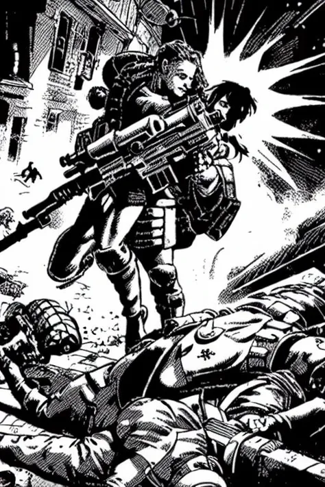 PBOldRifRPGStyle a battlefield, gun, man, amour, woman