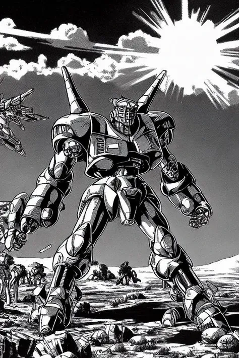 PBOldRifRPGStyle mecha robot monster and a fighjetter on an open mesa landscape, epic light