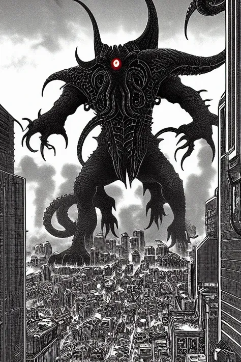 (PBOldRifRPGStyle:1.2) kaiju monster Cthulhu huge attacking scifi city