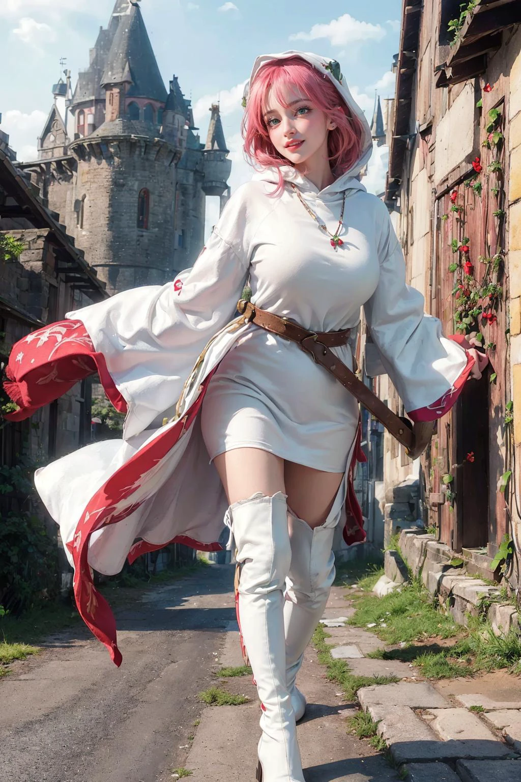 (8k, RAW photo, best quality, masterpiece:1.1), High detail RAW color photo,(realistic, photo realistic:1.25), (best quality:1.1),
,(ultra-detailed pink hair, many detailed tangle hair streak:1.1)
,(looking at viewer:1.2),dynamic angle
(whitemagelenna:1.3)<lora:FF05_lennacharlottetycoon-lyco-nochekaiser:1.0>short hair, (green eyes:1.5), pink hair, (red prints:1.5), jewelry, boots, hood, wide sleeves, necklace, thigh boots, staff, robe, (white robe:1.5), white mage,
,(huge breasts:1.1)
,(vacant_eyes,serious)
,(pigeon_toed:1.2)
,(breast focus,dutch angle:1.2)
,(Surrounded by many folk in a medieval castle town backgroundbackground:1.2)