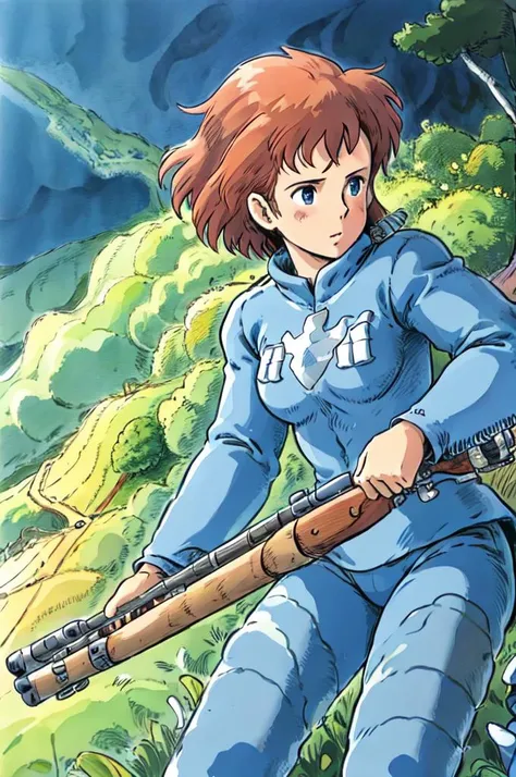 NausicaaC,1girl, blue outfit, fungal forest, rifle <lora:NausicaaC002:0.7>,