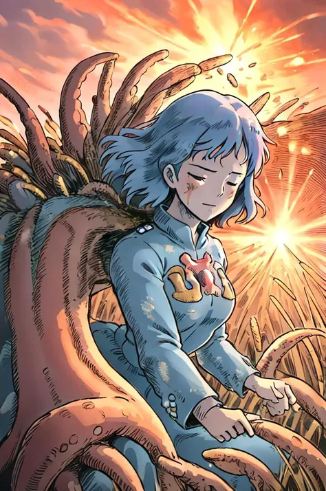 NausicaaC,1girl, blue dress, dirty skin, in a glowing wheat field, glowing tentacles, sunset, godrays, powerful aura, eyes closed <lora:NausicaaC002:0.7>,