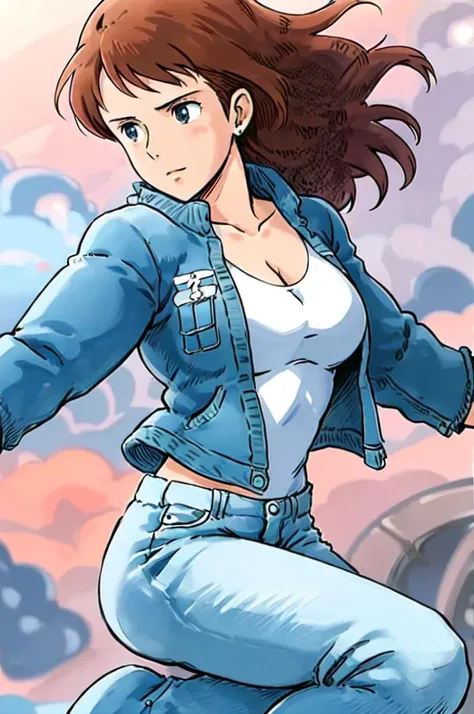 NausicaaC, 1girl wearing a white t-shirt and pants, cleavage, blue jacket  <lora:NausicaaC002:0.7>,