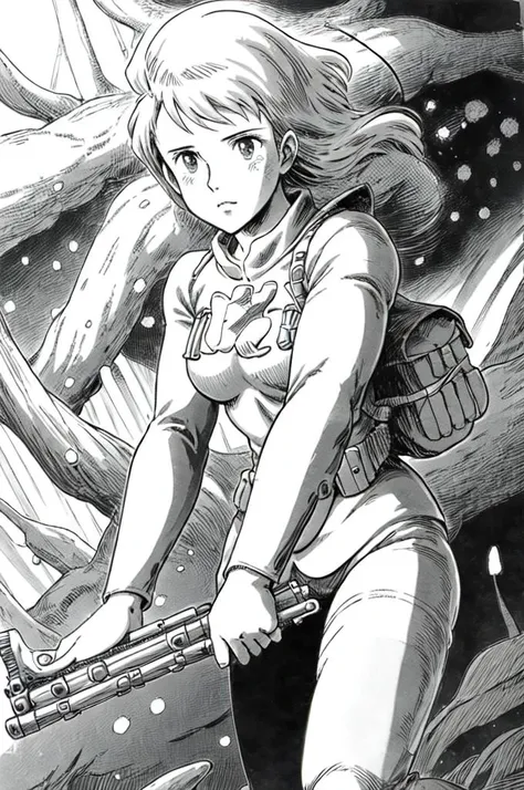 NausicaaC,1girl, outfit, fungal forest, pillbug in the background, black and white manga <lora:NausicaaC002:0.9>,