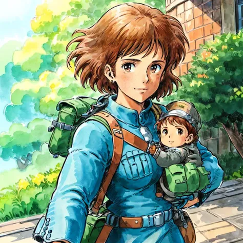 <lora:NausicaaC002:0.7>,
NausicaaC,
watercolor (medium),painting (medium),
brown hair,1girl,gloves,bag,looking at viewer,short hair,upper body,holding,baby,carrying,closed mouth,smile,belt,backpack,long sleeves,