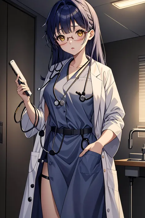 ((masterpiece, best quality, high quality)),1girl, (hospital), <lora:infirmary_v0.1:0.5> infirmary, dress <lora:Aya Kawasaki:0.7> (1girl, 3dcg 02, aya kawasaki, bangs, dark blue hair, glasses, hair over shoulder, long hair, ribbon bangs, small breasts, solo, straight hair, under-rim eyewear, yellow eyes), <lora:0- CL - Doctor Uniform V2:0.8> (doctor_uniform, labcoat, stethoscope, doctor),