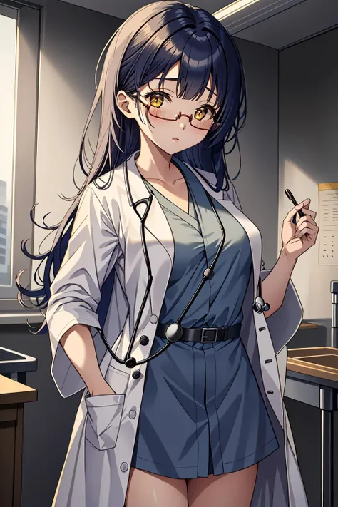 ((masterpiece, best quality, high quality)),1girl, (hospital), <lora:infirmary_v0.1:0.5> infirmary, dress <lora:Aya Kawasaki:0.7> (1girl, 3dcg 02, aya kawasaki, bangs, dark blue hair, glasses, hair over shoulder, long hair, ribbon bangs, small breasts, solo, straight hair, under-rim eyewear, yellow eyes), <lora:0- CL - Doctor Uniform V2:0.8> (doctor_uniform, labcoat, stethoscope, doctor),