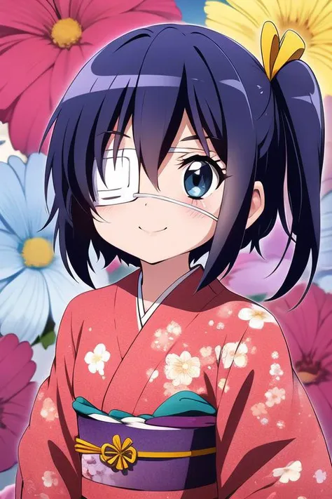 masterpiece, best quality , blue eyes , (chibi:1.2)
short blue hair , side ponytail, hair ribbon, smile precure!,
eyepatch,flower kimono