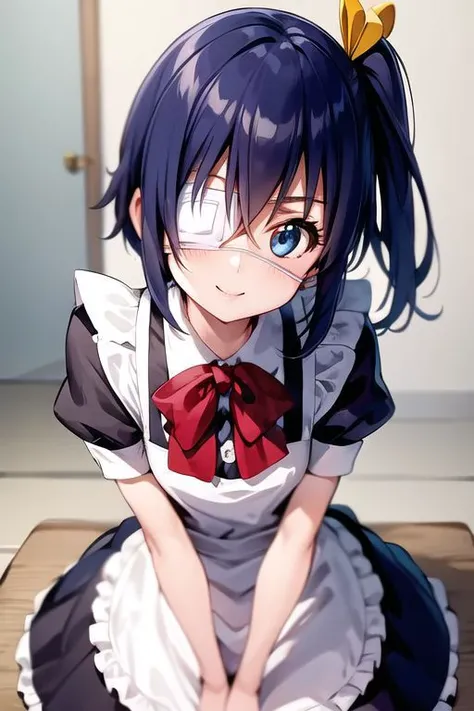 masterpiece, best quality , blue eyes ,
short blue hair , side ponytail, hair ribbon, smile precure!,
eyepatch, maid, maid apron,