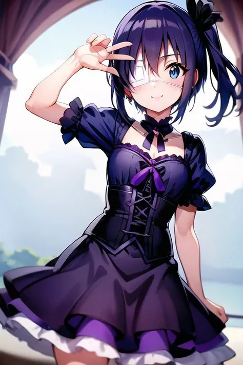 masterpiece, best quality , blue eyes ,
short blue hair , side ponytail, hair ribbon, smile precure!,
eyepatch,gothic, purple gothic dress \(idolmaster\),