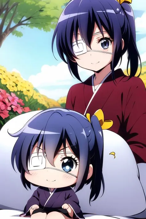 masterpiece, best quality , blue eyes , (chibi:1.4) ,
short blue hair , side ponytail, hair ribbon, smile precure!,
eyepatch,flower kimono