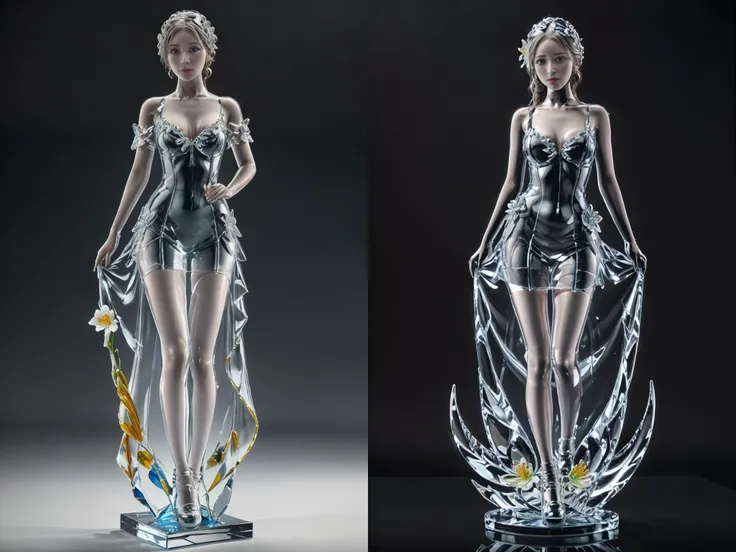 ((best quality)),absurdres, (ultra high res), glass sculpture of a girl with flower, extremely detailed, (realistic), (8k), (Masterpiece), <lora:sculpture:0.8>
