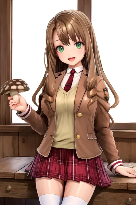 (holding mushroom, very long mushroom:1.3),
<lora:BG_yurina_lora_ver1:0.6:1:lbw=1,1,1,1,1,1,1,1,1,1,1,1,0,0,0,0,0> bg_yurina, green eyes, brown hair, long hair, drill hair, bangs,
school uniform, brown jacket, blazer, necktie, long sleeves, shirt, plaid skirt, white thighhighs,
(masterpiece, best quality, high resolution),
:d,
indoors,
cowboy shot,
1girl, solo,