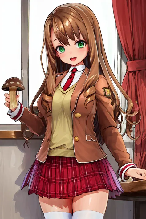 (holding mushroom, very long mushroom:1.3),
<lora:BG_yurina_lora_ver1:0.6:1:lbw=1,1,1,1,1,1,1,1,1,1,1,1,0,0,0,0,0> bg_yurina, green eyes, brown hair, long hair, drill hair, bangs,
school uniform, brown jacket, blazer, necktie, long sleeves, shirt, plaid skirt, white thighhighs,
(masterpiece, best quality, high resolution),
:d,
indoors,
cowboy shot,
1girl, solo,