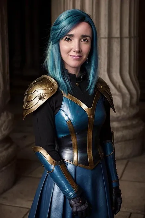 upper body photo of vickylla, smiled,focus on face, wearing leather armor , her Glitter Blue hair is styled as Straight Half-Up Half-Down,
 <lora:vickylla:1>