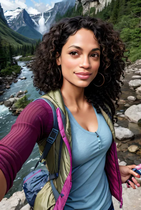 ((selfie)) photo of (r0sd4wn-1325:0.99) with curly hair, smiling, outdoors, mountains, wearing a backpack, sweater, and hiking jacket, rocks, (waterfall), river, wood, analog style (look at viewer:1.2) (skin texture), close up, cinematic light, sidelighting, Fujiflim XT3, DSLR, 50mm, <lora:add_detail:0.4>, <lora:LowRA:0.5>