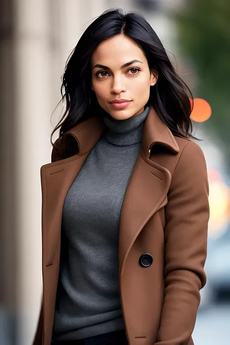 photo of (r0sd4wn-1325:0.99), a woman, RAW, close portrait photo, long brown coat, turtleneck sweater, long haircut, slim body, (high detailed skin:1.2), 8k uhd, dslr, soft lighting, high quality, film grain, Fujifilm XT3 sharp focus, f 5.6