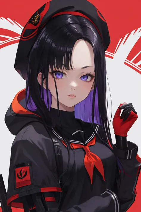 masterpiece, best quality, 1girl, solo, <lora:eunhwa-nikke-richy-v1:1> upper body, eunhwa, red serafuku, leotard, jacket, hood, black beret, gloves, looking at viewer