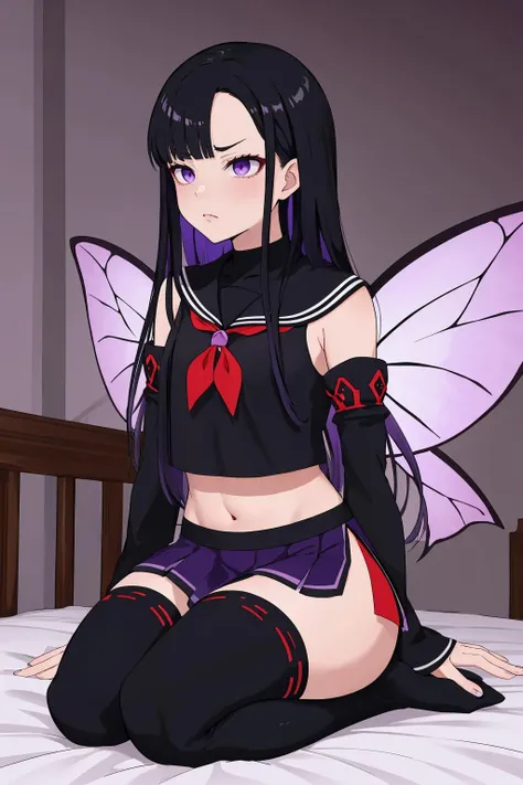 masterpiece, best quality, 1girl, solo, <lora:eunhwa-nikke-richy-v1:1> eunhwa, fairy wings, fairy, purple dress, bedroom, bed, seiza, sitting, detached sleeves, side slit, thighhighs, serafuku, magical girl, furrowed brow, midriff, navel