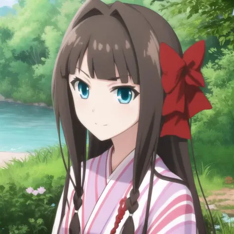 mondaijiasuka, kimono, red hair bow, brown hair, long hair, bangs, braid, blue eyes, , full body, solo, 1girl, outdoors <lora:mondaiji-asuka-nai-000002:0.5>