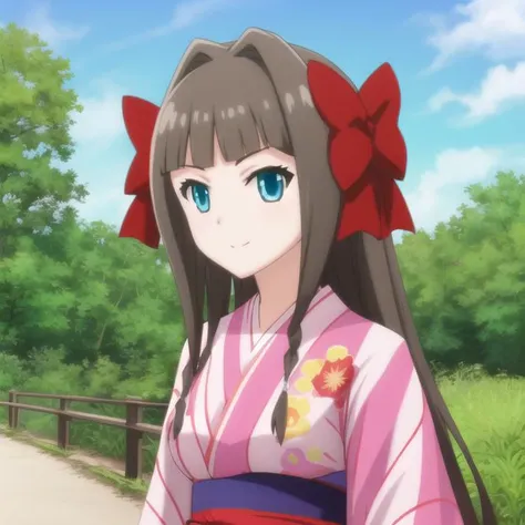 mondaijiasuka, kimono, red hair bow, brown hair, long hair, bangs, braid, blue eyes, , full body, solo, 1girl, outdoors <lora:mondaiji-asuka-nai-000002:0.6>