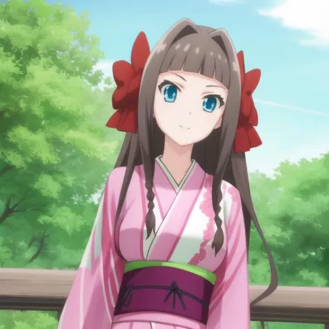 mondaijiasuka, kimono, red hair bow, brown hair, long hair, bangs, braid, blue eyes, , full body, solo, 1girl, outdoors <lora:mondaiji-asuka-nai-000002:0.7>