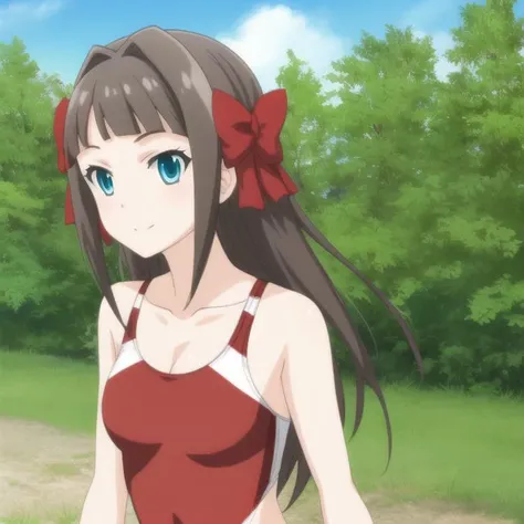 mondaijiasuka, competition swimsuit, red hair bow, brown hair, long hair, bangs, braid, blue eyes, , full body, solo, 1girl, outdoors <lora:mondaiji-asuka-nai-000002:0.5>