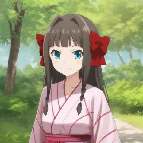 mondaijiasuka, yukata, red hair bow, brown hair, long hair, bangs, braid, blue eyes, , full body, solo, 1girl, outdoors <lora:mondaiji-asuka-nai-000002:0.5>