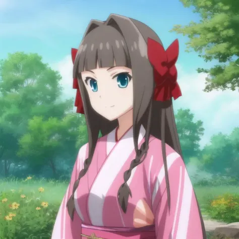 mondaijiasuka, yukata, red hair bow, brown hair, long hair, bangs, braid, blue eyes, , full body, solo, 1girl, outdoors <lora:mondaiji-asuka-nai-000002:0.7>