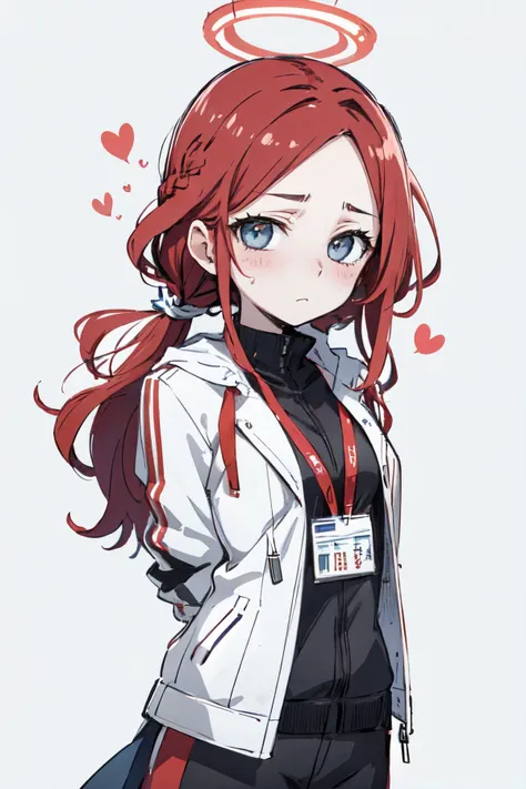 Kaito ??? style, simple background, closed mouth, forehead, arms behind back, jacket, id card, heart, 1girl, solo, white jacket, red hair, braid, long hair, blush, halo, looking at viewer<lyco:Kaito_???_style:1>,
