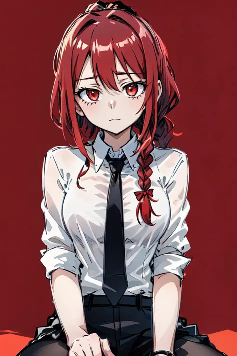 Kaito Kid style, braided ponytail, shirt, red background, red eyes, red hair, necktie, simple background, solo, braid, sitting, white shirt, 1girl, ringed eyes, medium breasts, looking at viewer, black necktie, closed mouth, heart, collared shirt, medium hair <lyco:Kaito_Kid_style:1>,