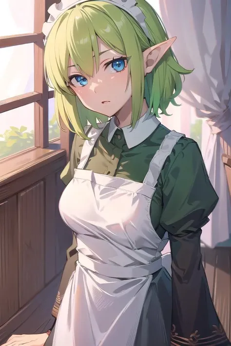 ryulion, <lora:ryutest:0.75>, 
ryu lion, blonde hair, blue eyes, elf, hair between eyes, pointy ears, short hair, (small breast:1.2),
BREAK apron, black pantyhose, dress, green dress, long sleeves, maid, maid apron, maid headdress, pantyhose, white apron,
BREAK looking at viewer,
BREAK outdoors, city,
BREAK <lora:GoodHands-vanilla:1>, (masterpiece:1.2), best quality, high resolution, unity 8k wallpaper, (illustration:0.8), (beautiful detailed eyes:1.6), extremely detailed face, perfect lighting, extremely detailed CG, (perfect hands, perfect anatomy),