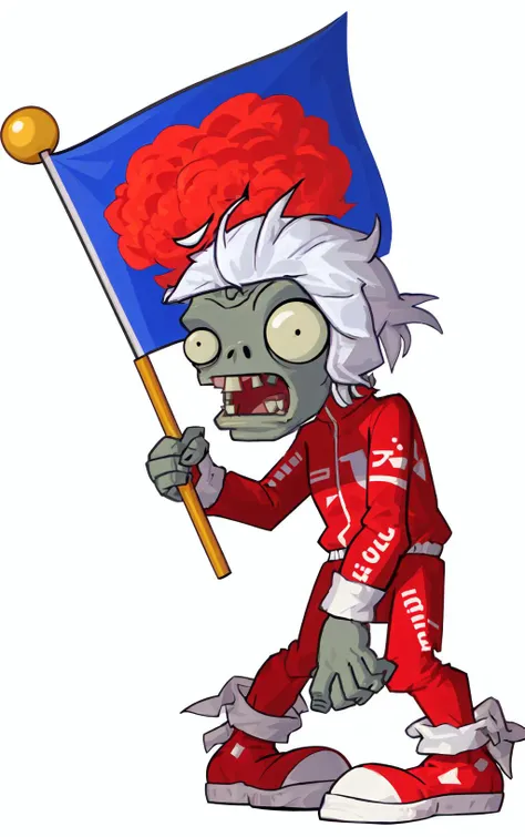 p vs.z\(Zob\), solo, flag, male focus, green skin, colored skin, holding flag, transparent background, track suit, holding, full body, simple background, boots, white footwear