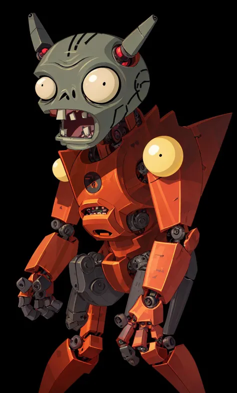 p vs.z\(Zob\), labcoat, simple background, grey background, robot, mecha, yellow eyes, male focus, sharp teeth, standing,open mouth,fangs