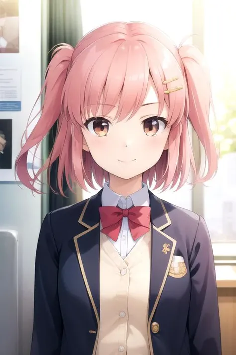 ((masterpiece)),(best quality),official art,extremely detailed CG,unity 8k wallpaper,ultra detailed,beautiful detailed eyes,extremely detailed face,1girl,solo,upper body,(portrait:1.5),looking at viewer,facing viewer,Shindou Ayane,smile,short hair,pink hair,one side up,hair ornament,hairclip,sidelocks,bangs,brown eyes,school uniform,blazer,blue jacket,wing collar,open jacket,long sleeves,bowtie,red bow,cardigan,collared shirt,white shirt,blue skirt,plaid skirt,pleated skirt,socks,loafers,<lora:Shindou Ayane(ksak)-remake>,